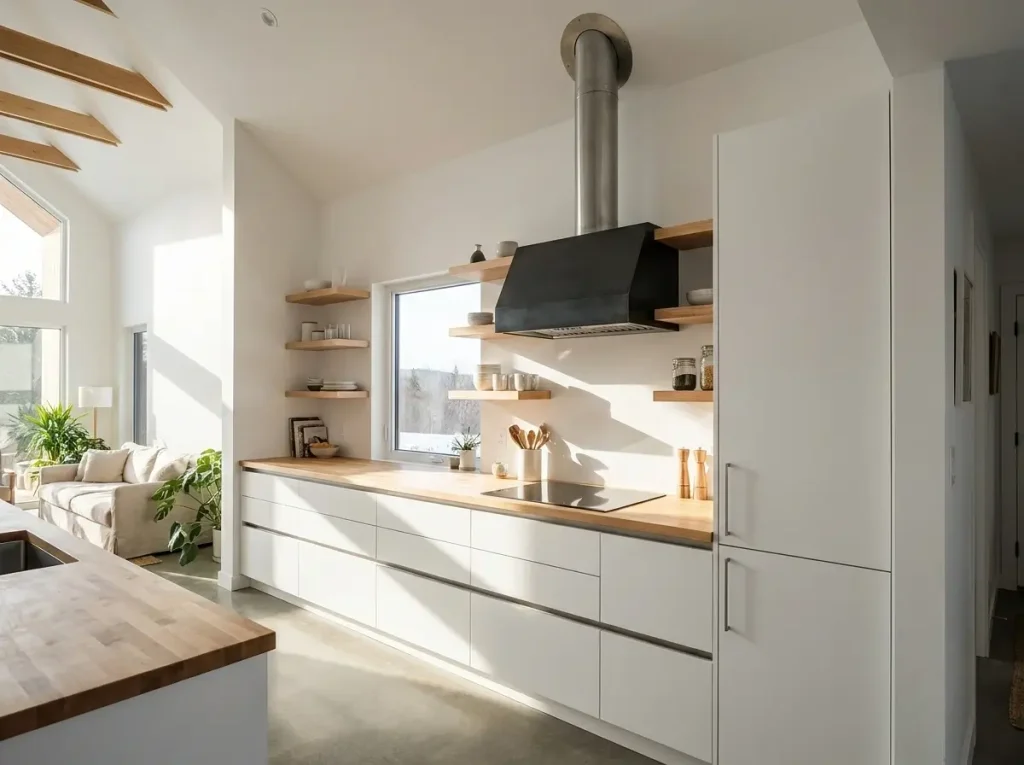 A bright and airy kitchen in a small loft type house featuring floating shelves, an industrial range hood with an exposed duct, and strategic placement under a slanted ceiling.