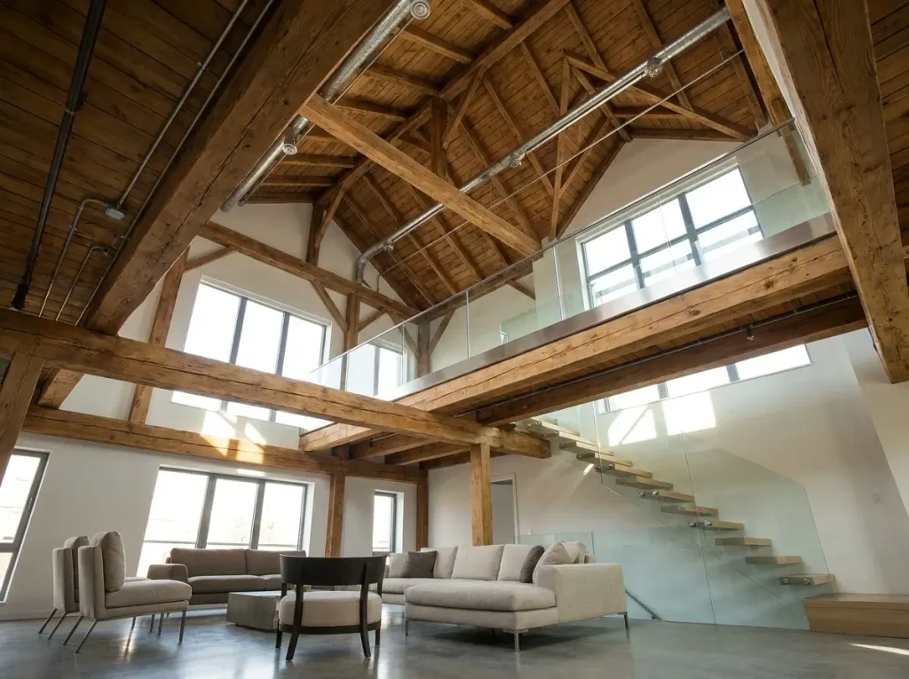 Looking up at the vaulted ceiling, exposed wooden beams, and a transparent glass mezzanine railing in a bright, beautifully designed small loft type house.