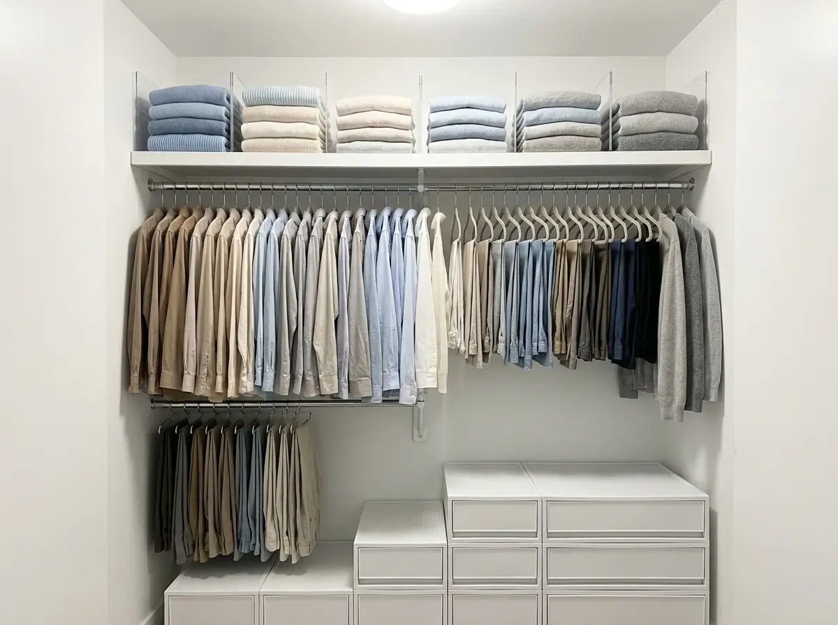A beautifully organized closet demonstrating clever small apartment storage ideas, featuring clear shelf dividers, a double hanging rod setup, and modular floor drawers.