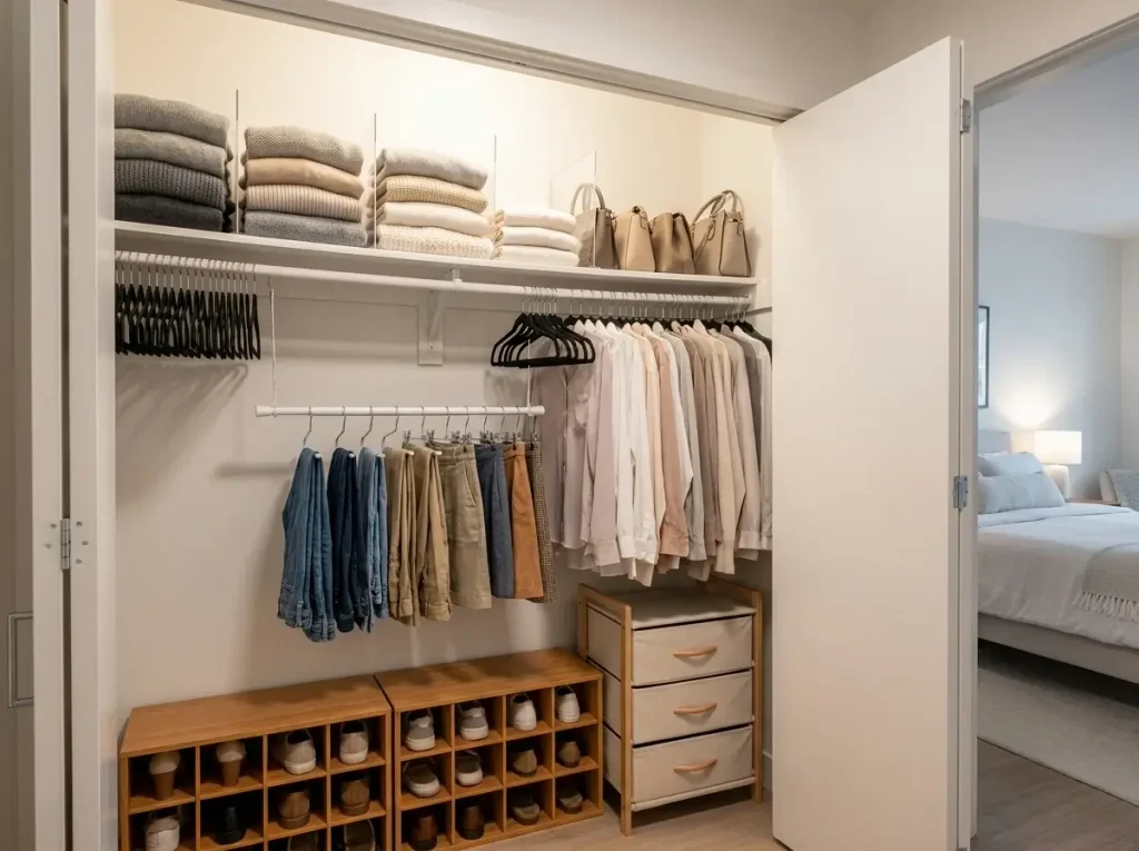 A perfectly organized closet utilizing small apartment storage ideas, featuring a double hanging rod system, slim velvet hangers, shelf dividers for sweaters, and floor-level modular drawers.
