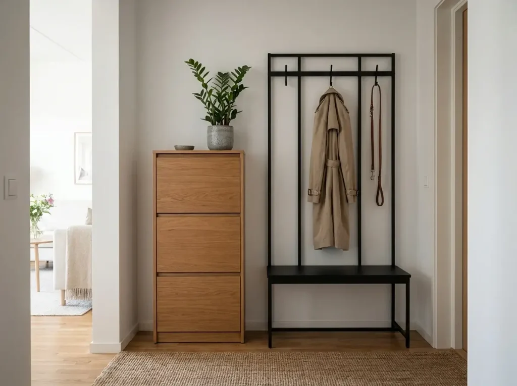 A brightly lit, organized apartment entryway featuring a narrow flip-drawer shoe cabinet and a compact hall tree, highlighting functional small apartment storage furniture that keeps the space clutter-free.