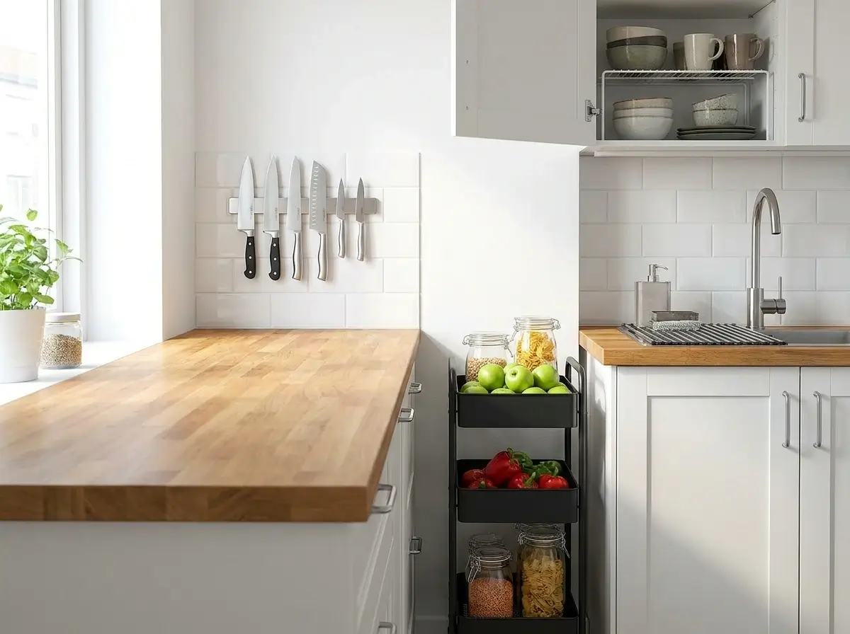 A beautifully organized tiny apartment kitchen featuring clear countertops, a magnetic knife strip, and a rolling utility cart, serving as great visual inspiration for PCS Move Organization Tips when settling into a new, smaller home.