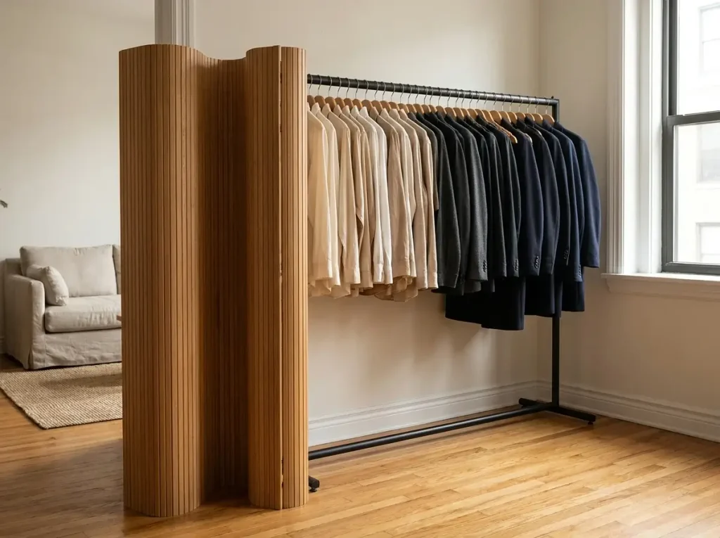 A neatly organized heavy-duty garment rack partially hidden by a stylish folding room divider in a studio apartment, offering clever PCS Move Organization Tips for maximizing tight spaces without built-in closets.