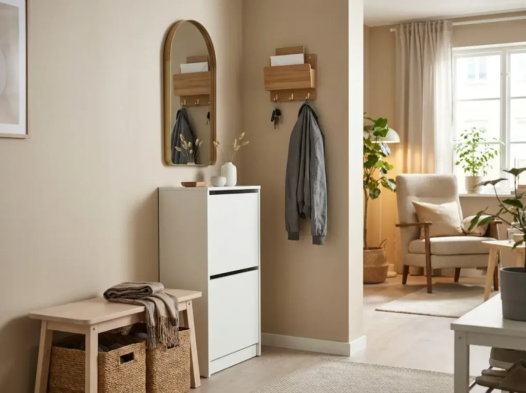 A neatly organized apartment entrance featuring a slim shoe cabinet, a small bench with baskets, and a wall-mounted mirror with hooks, demonstrating brilliant small apartment storage ideas for creating a drop zone without a closet.
