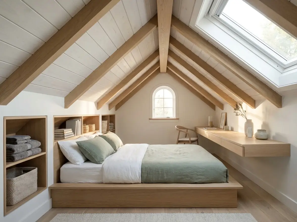 A bright, naturally lit attic bedroom showcasing practical small loft ideas, featuring a low-profile bed under slanted ceilings and clever built-in storage cubbies to maximize space.