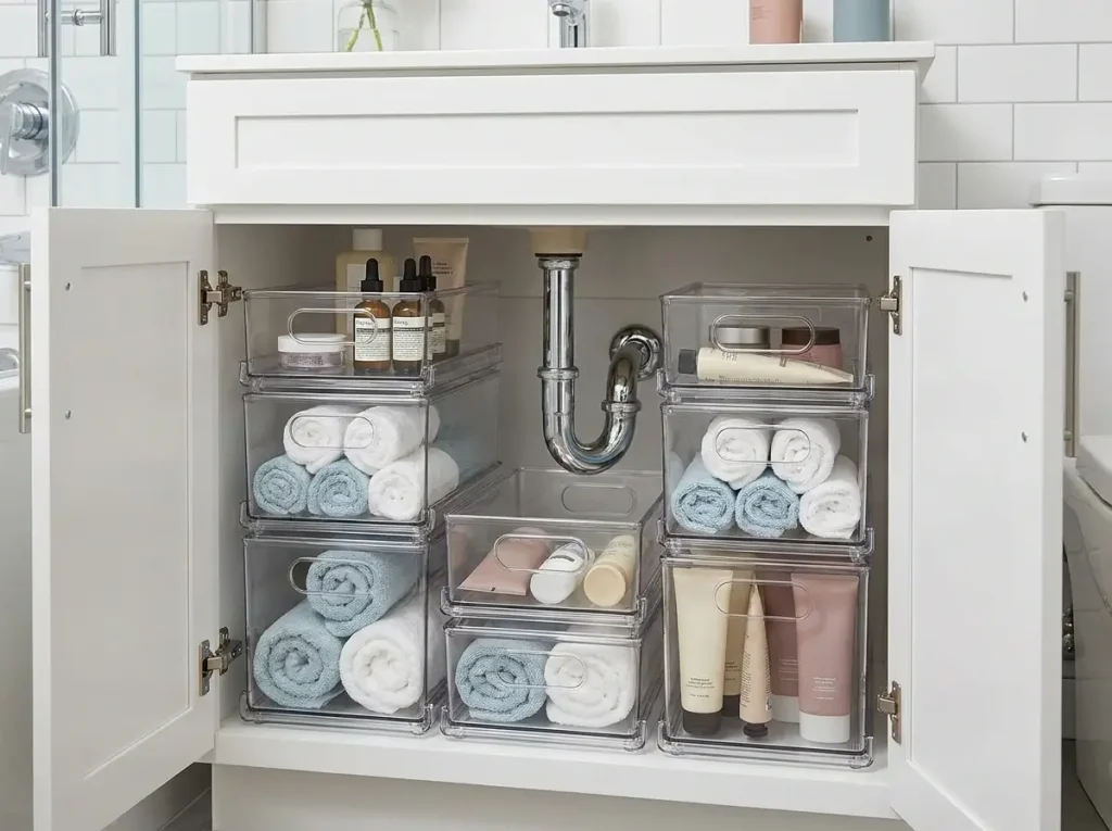 An open bathroom vanity cabinet showcasing clever Small Apartment Storage Ideas, featuring clear acrylic bins stacked neatly around a curved plumbing pipe to maximize space.