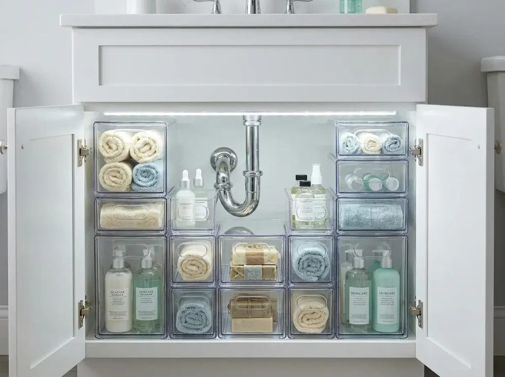 A beautifully organized under-sink bathroom cabinet using clear acrylic stackable bins arranged perfectly around a plumbing pipe, offering excellent PCS Move Organization Tips for unpacking and maximizing space in a new home.