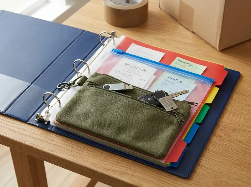 A close-up view of an open heavy-duty D-ring pcs move planning binder resting on a wooden desk, featuring bright color-coded plastic dividers, zipper-closure document sleeves, and a front storage pouch holding keys and a flash drive.