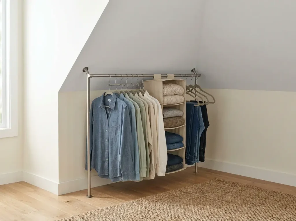A cleverly lowered freestanding garment rack with canvas shelves and cascading hangers, creating a temporary closet under the pitch of a small attic bedroom sloping ceilings.