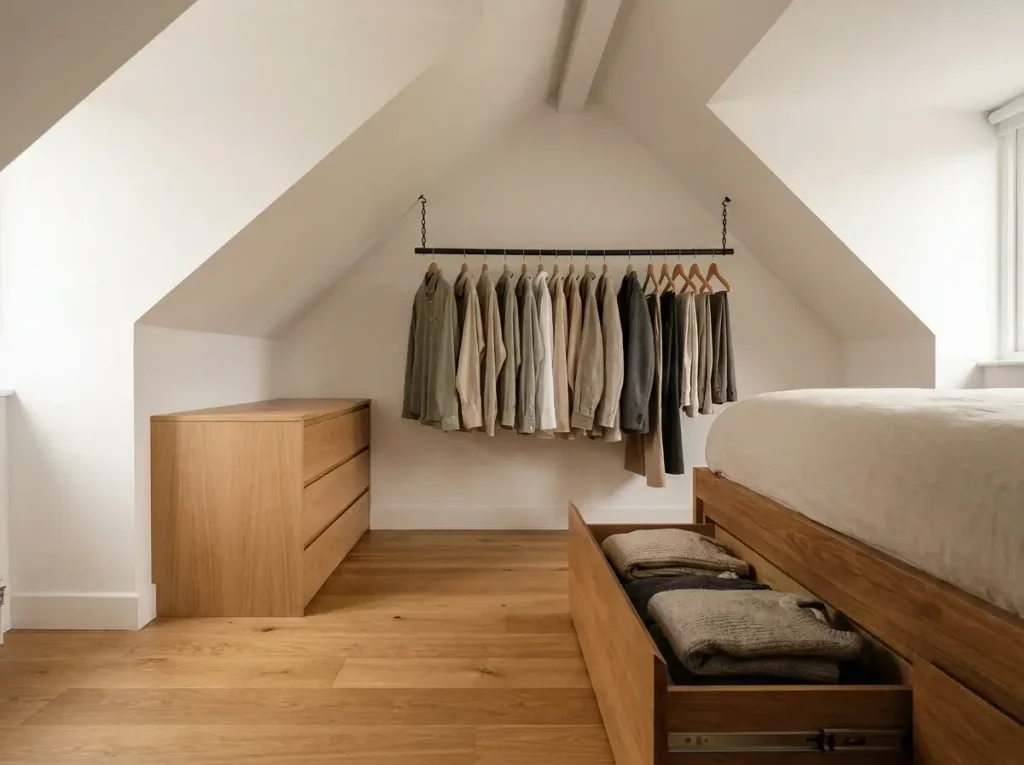 A well-organized space showcasing smart small loft bedroom design, featuring a low-profile dresser along a knee wall, a custom hanging clothing rail suspended from a slanted ceiling, and a partially open under-bed storage drawer.