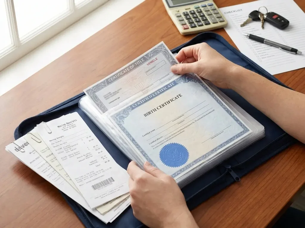 A person safely organizes vehicle titles, receipts, and vital records into a secure travel folder while completing their PCS paperwork checklist for a military move.