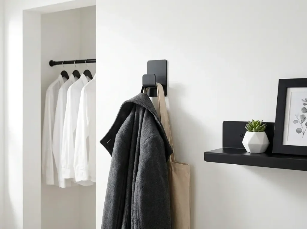 A close-up of heavy-duty adhesive hooks and a floating shelf securely holding a coat and decor, showcasing drill-free small apartment storage ideas for renters.