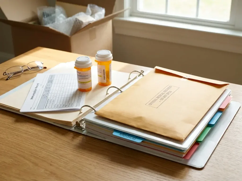 A sealed manila envelope, prescription bottles, and immunization records rest on top of an organized binder, representing the medical section of a family's PCS paperwork checklist.