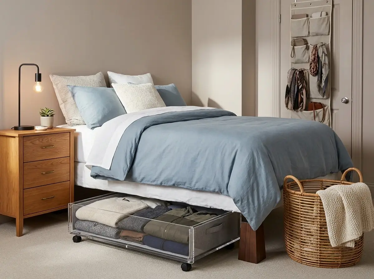 A beautifully organized small apartment bedroom featuring under-bed storage bins, a three-drawer dresser nightstand, and a woven basket for blankets, offering visual inspiration alongside PCS Move Organization Tips for settling into a new, tight space.