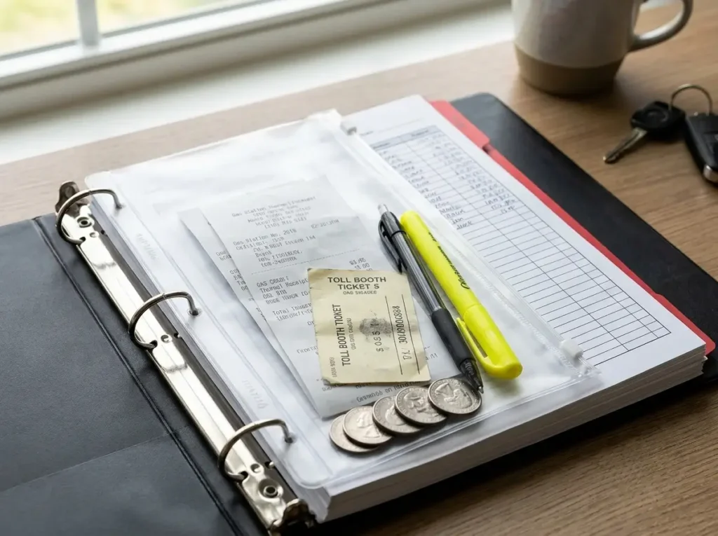 A close-up view of a clear zippered pouch holding travel receipts and a printed ledger, showcasing essential PCS binder organization ideas for tracking military moving expenses.