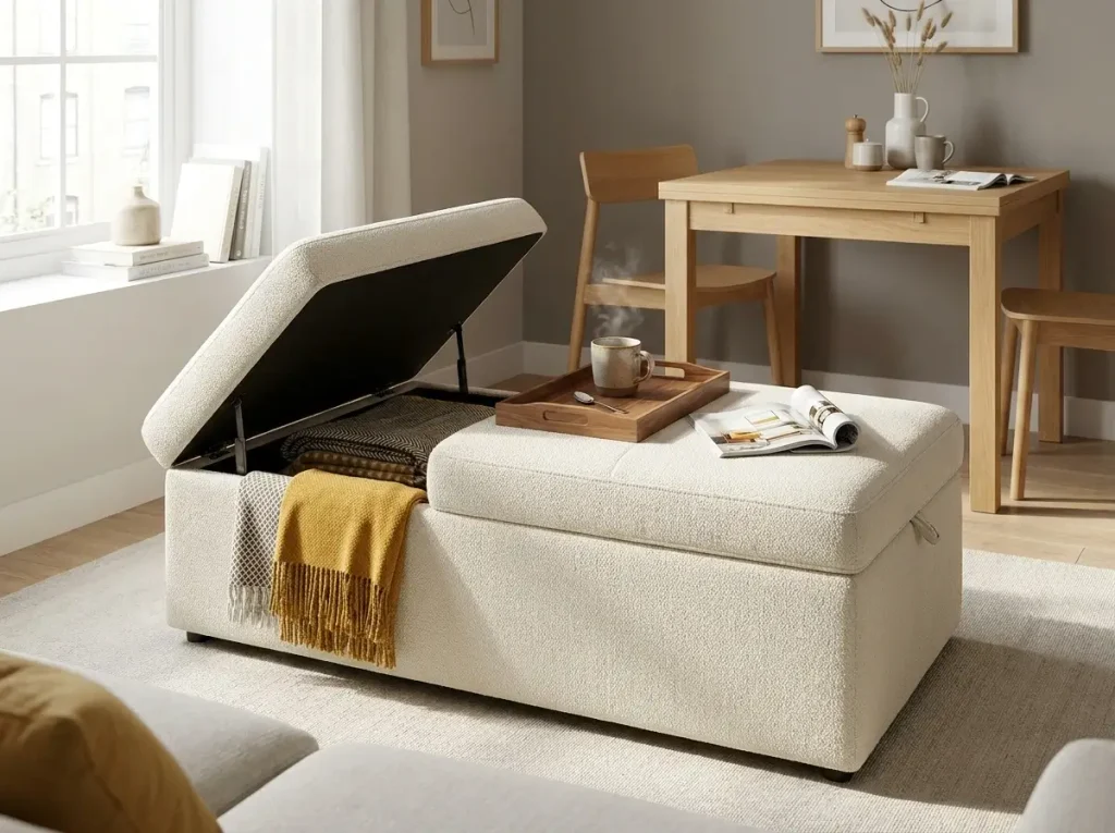 A stylish upholstered storage ottoman doubling as a coffee table and hiding extra blankets, demonstrating practical small loft space ideas for reducing visual clutter in a compact apartment.