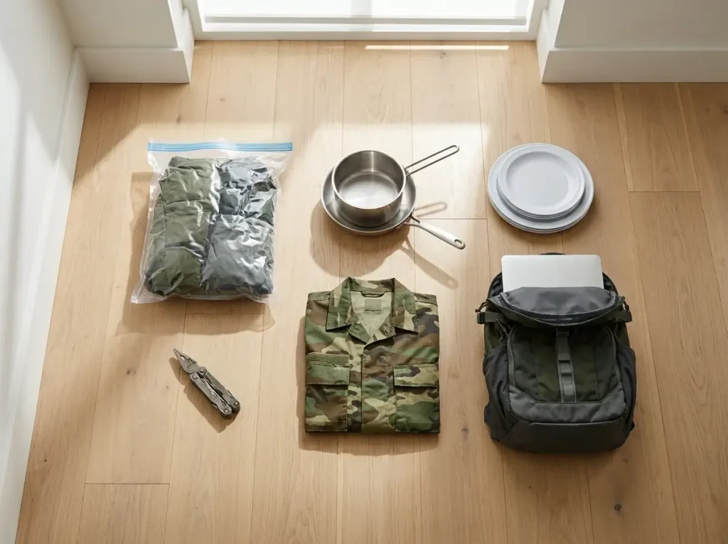 A flat lay of a vacuum-sealed space bag, cooking pot, laptop backpack, and military uniform demonstrating practical PCS packing tips on a budget for an express shipment.