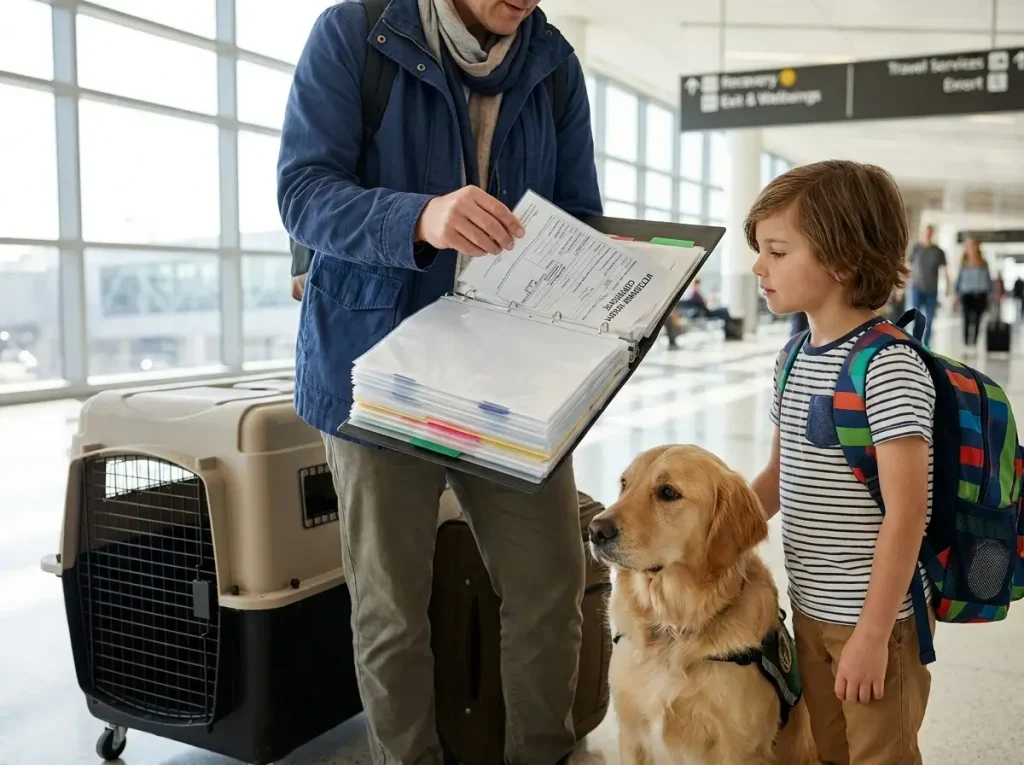 A parent in an airport terminal stands with their child and dog, holding an organized binder to ensure every item on their PCS paperwork checklist is ready for travel.