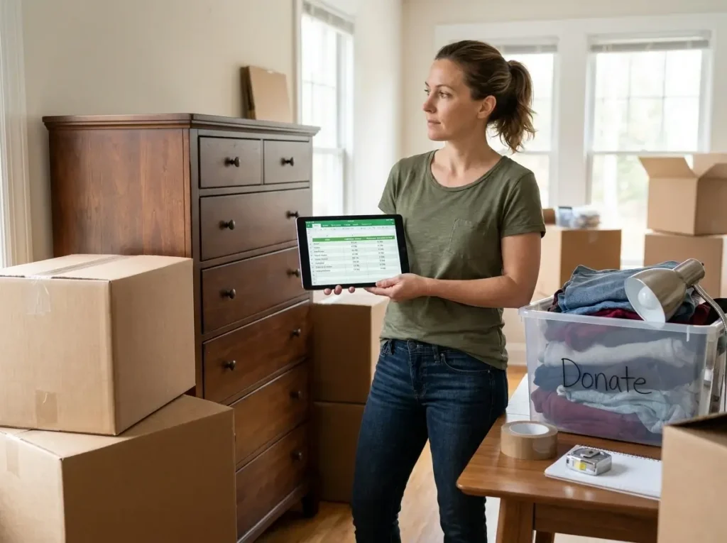 A person calculating household weight limits on a tablet next to moving boxes and donation piles, demonstrating essential first pcs move tips for staying under military allowances.