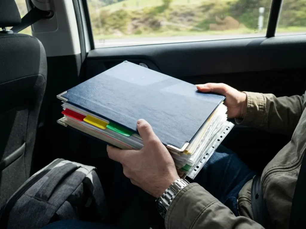 A passenger securely holds a heavy-duty moving binder containing their completed PCS paperwork checklist while traveling in the front seat of a car.
