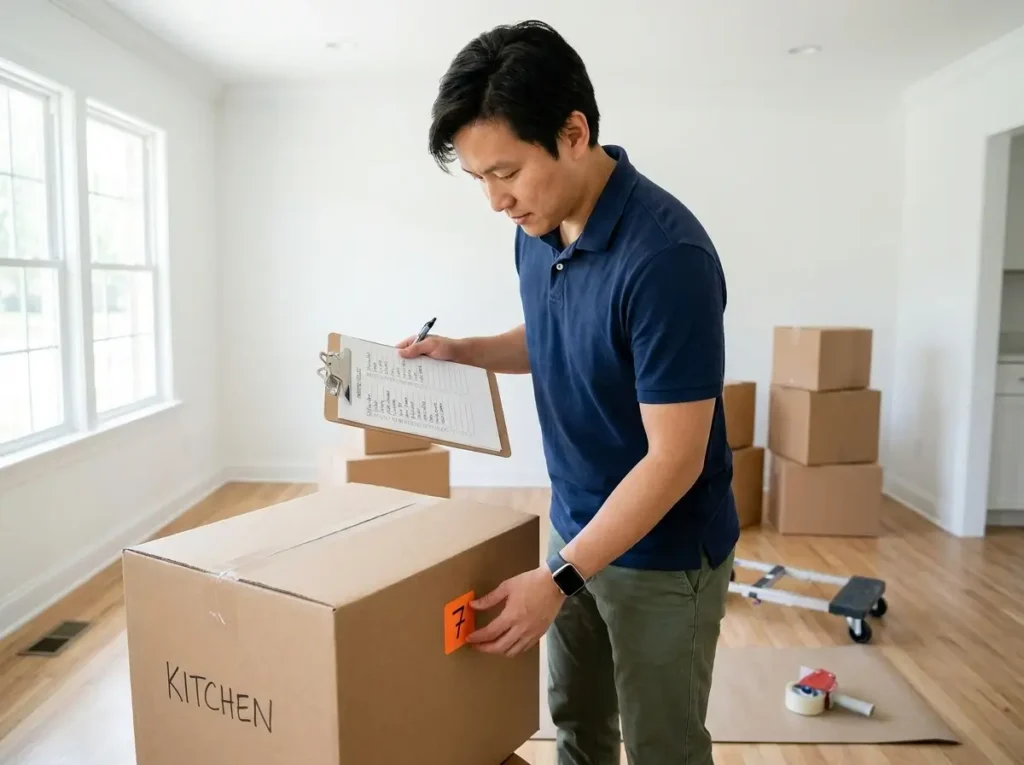 A person carefully checking off delivered moving boxes on a clipboard to complete the final phase of their pcs move timeline checklist.