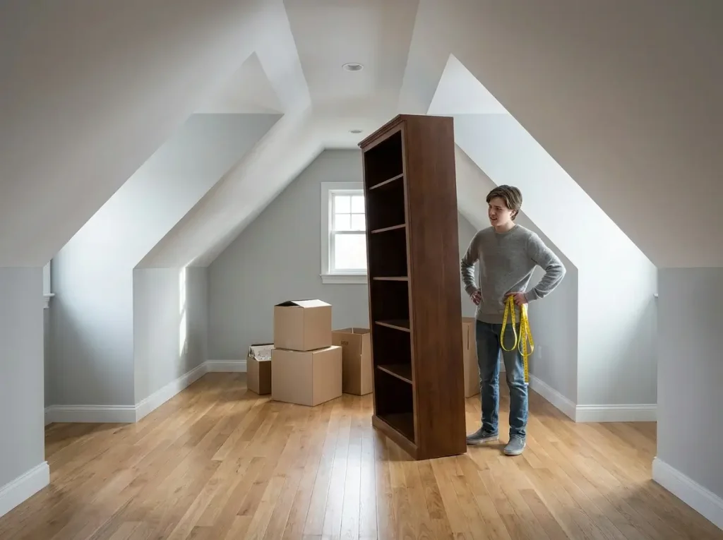 A frustrated renter with a measuring tape struggling to fit a tall wooden bookcase into a room with small attic bedroom sloping ceilings, leaving moving boxes clustered in the center of the floor space.