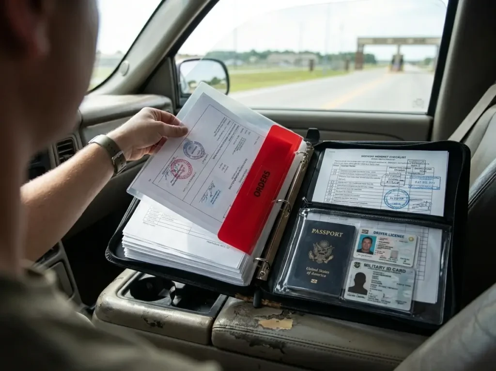 A close-up view of a highly organized pcs move planning binder resting on a car passenger seat, showing a person securing stamped military orders and ID photocopies into clear protective sleeves.