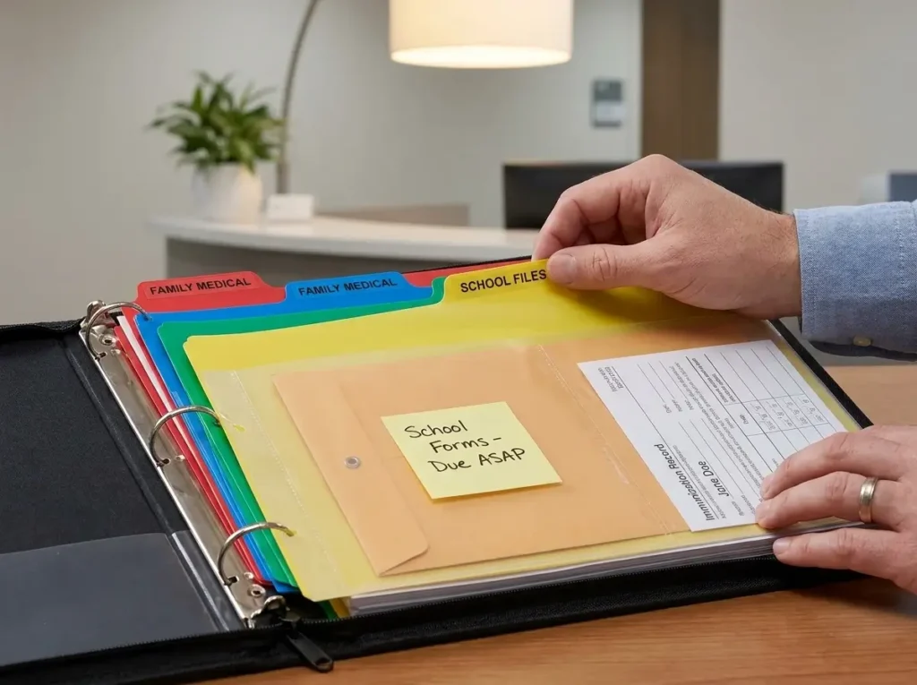 A close-up view of an open moving planner displaying color-coded tabs for family medical records and a protected, sealed school transcript, highlighting essential PCS binder organization ideas for a smooth relocation.