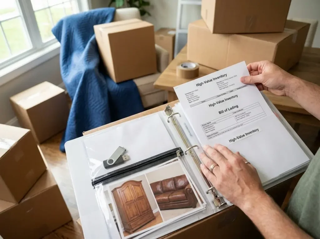 A close-up of hands organizing moving company paperwork, a high-value inventory sheet, and a USB flash drive, demonstrating exactly what to put in a PCS binder to protect household goods during a military move.