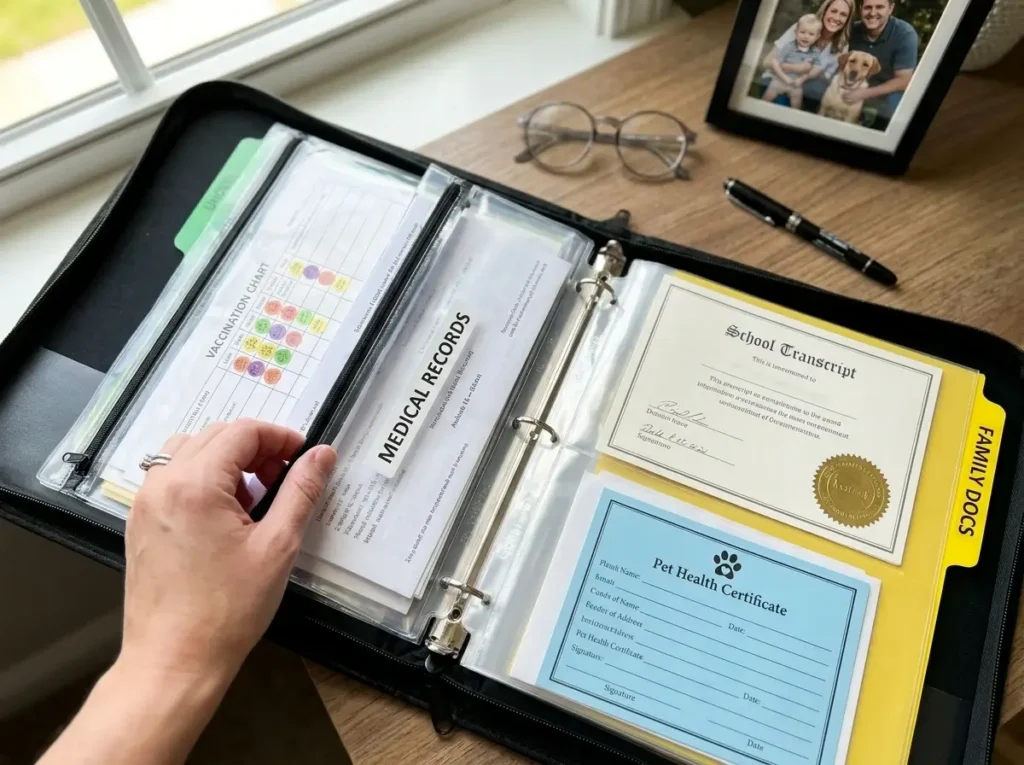 A close-up view of a person's hand placing family health and educational documents into the protective sleeves of a dedicated pcs move planning binder resting on a wooden desk.