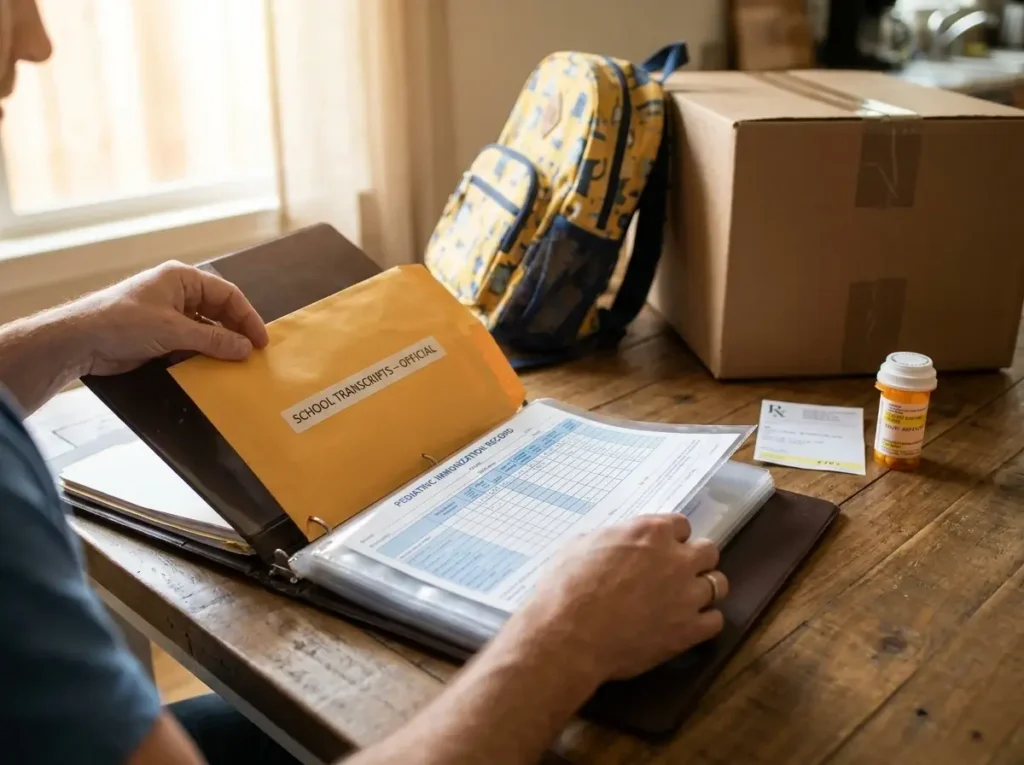 A close-up of hands organizing school transcripts in a sealed envelope, prescriptions, and shot records, illustrating what to put in a PCS binder to keep a family prepared during a military move.