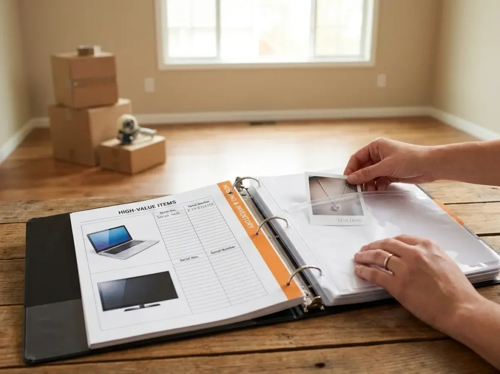 A close-up of a hand sliding inventory photos into a protective sleeve inside a highly organized pcs move planning binder, with taped moving boxes in the background.