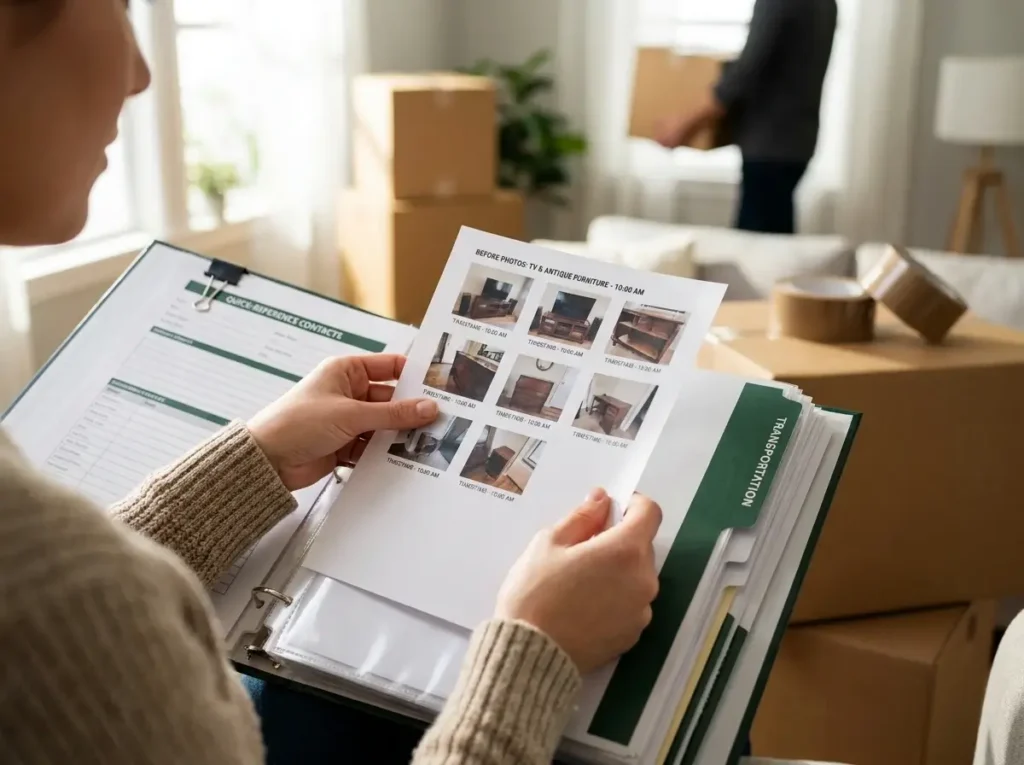 A close-up view of a person securing household goods inventory sheets and furniture photos, demonstrating proactive PCS binder organization ideas to protect belongings during a military move.