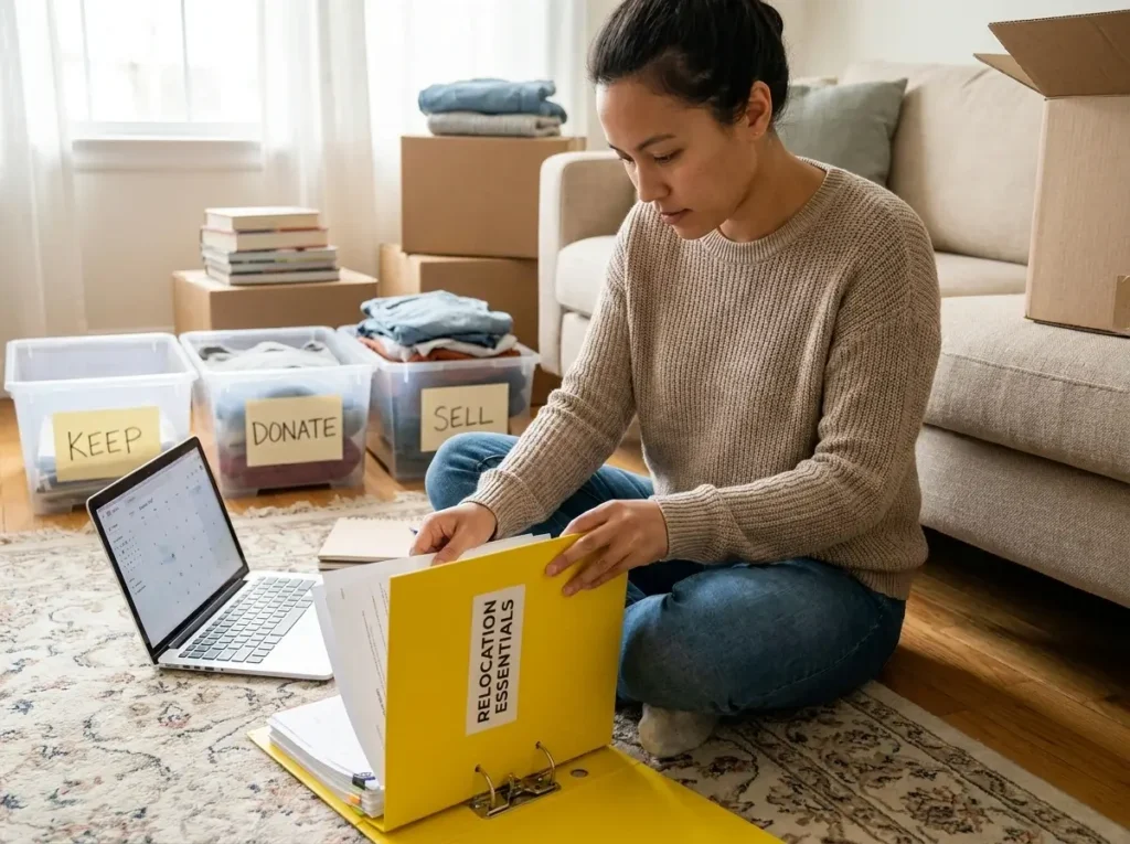 A person sitting on a living room floor sorting important documents into a bright yellow binder and decluttering household items as a crucial step in their pcs move timeline checklist.