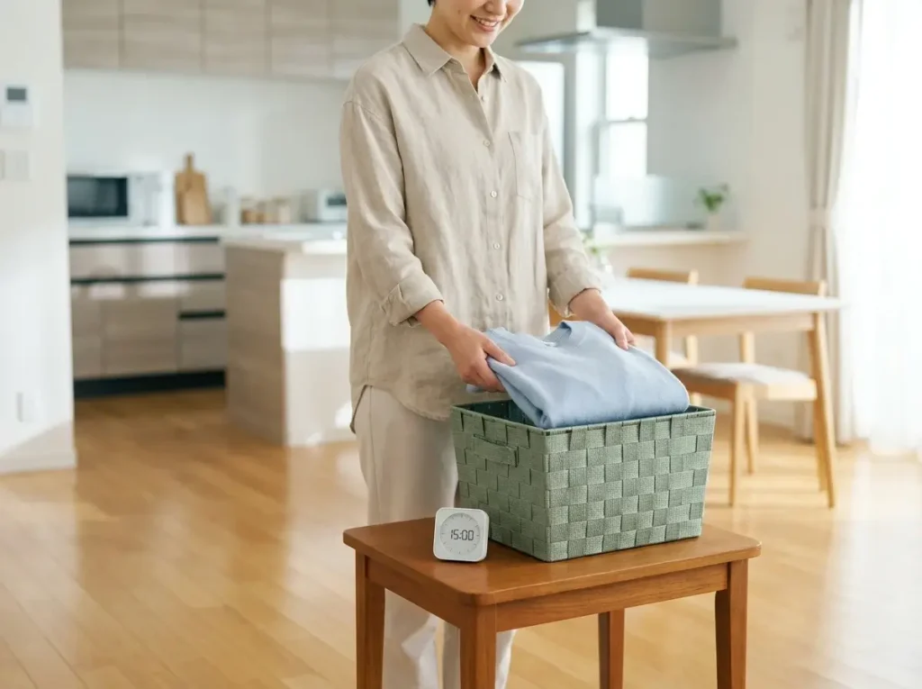 A person doing a quick weekly reset in a clean, clutter-free living room, demonstrating how to maintain small apartment storage ideas by keeping horizontal surfaces clear and putting items away.
