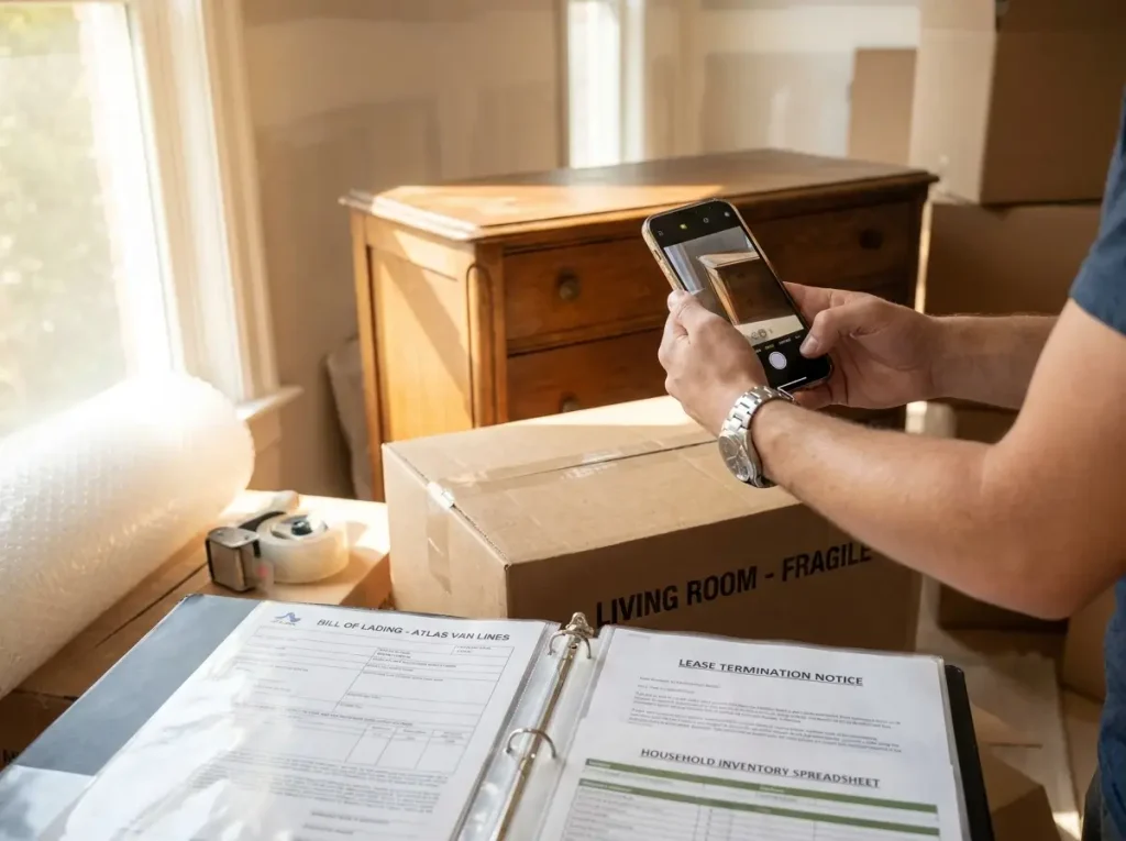 A person taking inventory photos of their furniture next to a stack of moving boxes, with a comprehensive PCS paperwork checklist and moving documents resting in the foreground.