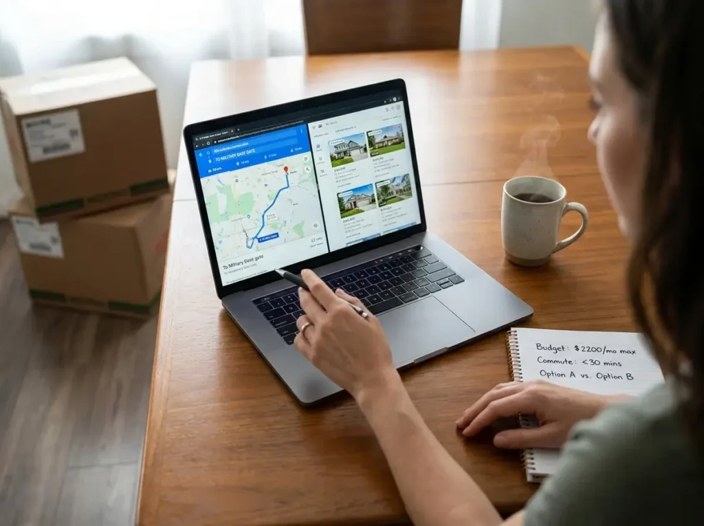 A person researching neighborhood maps and housing budgets on a laptop, applying first pcs move tips to find the perfect home.
