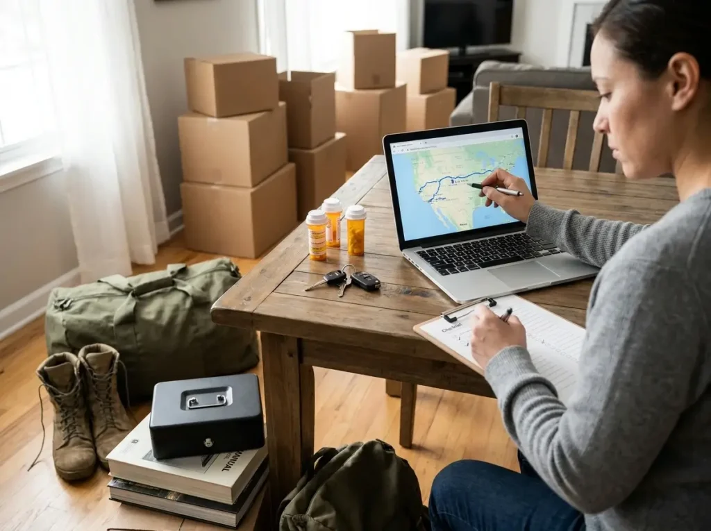 A highly organized person mapping a road trip and separating military gear as part of the 30-day phase on their pcs move timeline checklist.