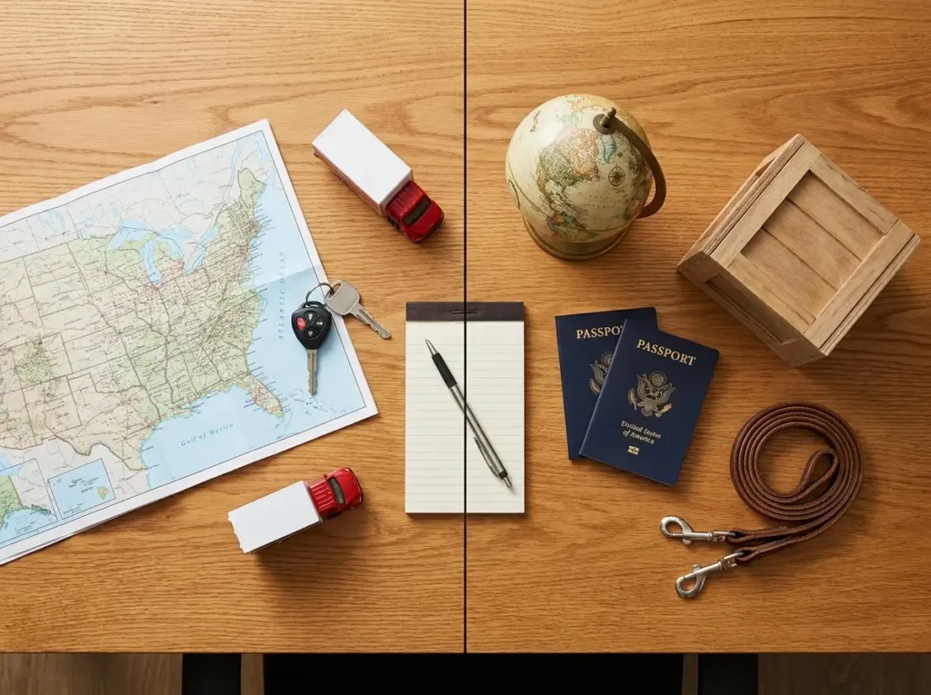 A top-down view of a planning desk displaying a US map, moving truck, passports, and a dog leash to help organize a CONUS and OCONUS pcs move timeline checklist.