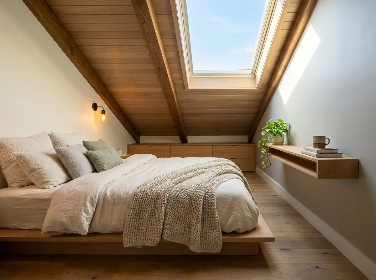 A beautifully lit attic space featuring smart small loft bedroom design, including a low-profile bed beneath slanted ceilings, exposed wooden beams, a bright skylight, and space-saving floating shelves.