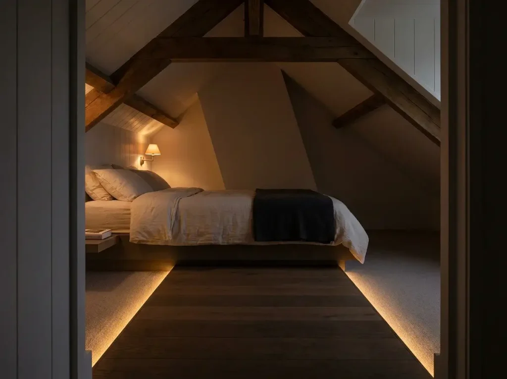 A nighttime view of a safe and practical small loft bedroom design, featuring a low-profile platform bed, generous headroom beneath exposed wooden beams, and a clear walking path illuminated by warm LED baseboard lighting.