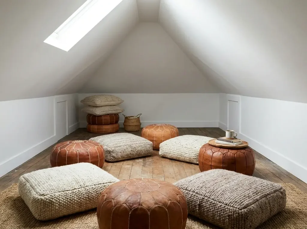 A circular arrangement of Moroccan poufs and floor cushions under a sharply slanted ceiling, showcasing practical small upstairs loft decorating ideas for flexible, zero-clearance seating.
