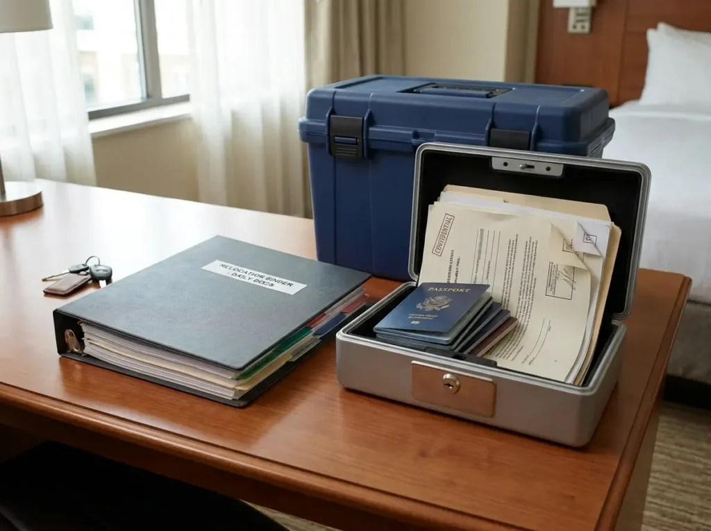 A slim moving binder resting next to a secure lockbox holding passports, demonstrating essential PCS binder organization ideas for keeping sensitive documents safe and preventing over-packed folders.