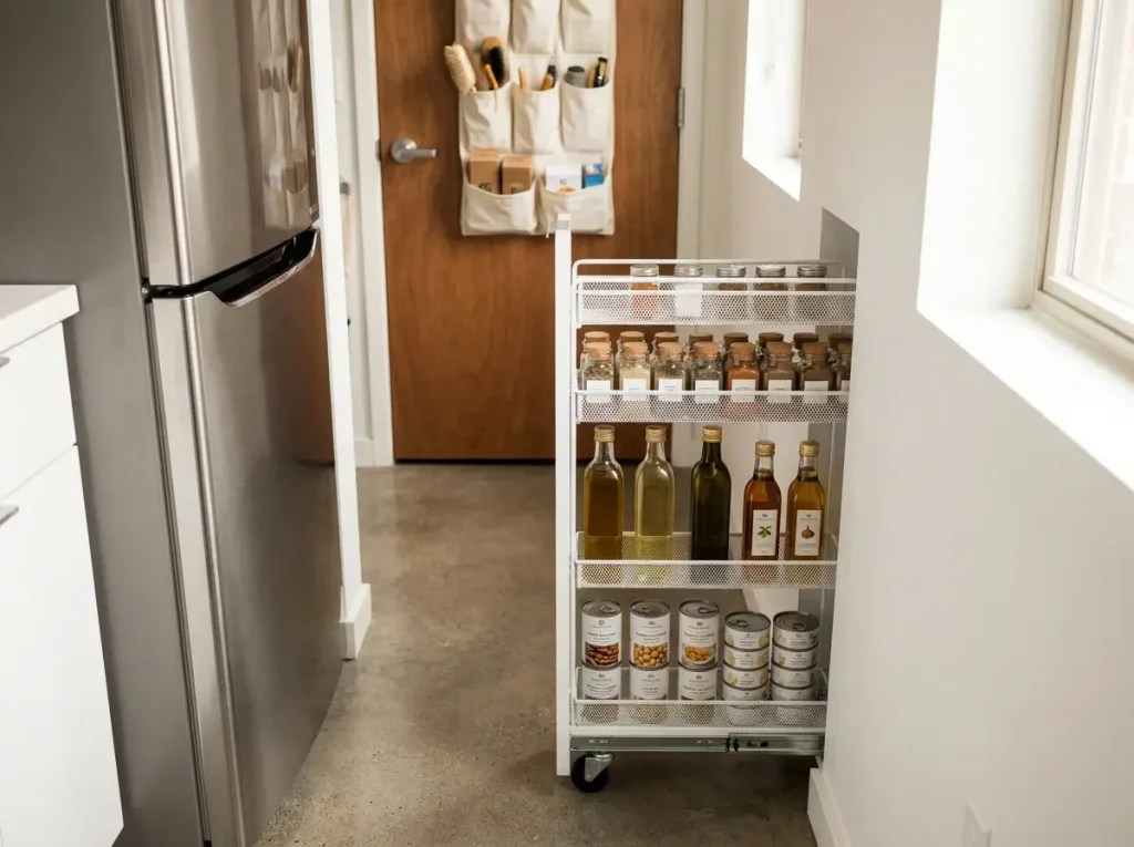 A slim slide-out rolling cart pulled from a narrow space between a refrigerator and a wall, demonstrating clever PCS Move Organization Tips for maximizing hidden gaps and dead zones in a small home.