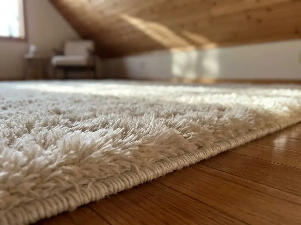 A close-up of a thick, light-colored plush rug layered on a hardwood floor to reduce noise and brighten the room, demonstrating functional small upstairs loft decorating ideas.