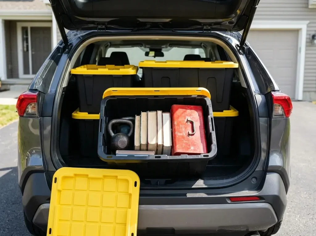 Heavy-duty plastic storage totes packed with weights and books in the back of an SUV, demonstrating profitable PCS Packing Tips on a Budget.