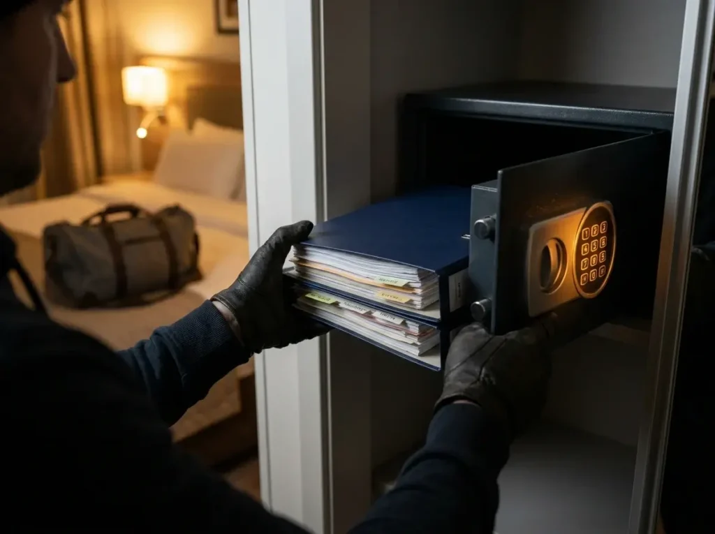 Close-up of a person's hands safely locking a thick pcs move planning binder inside a secure metal hotel room safe during a travel overnight stop.