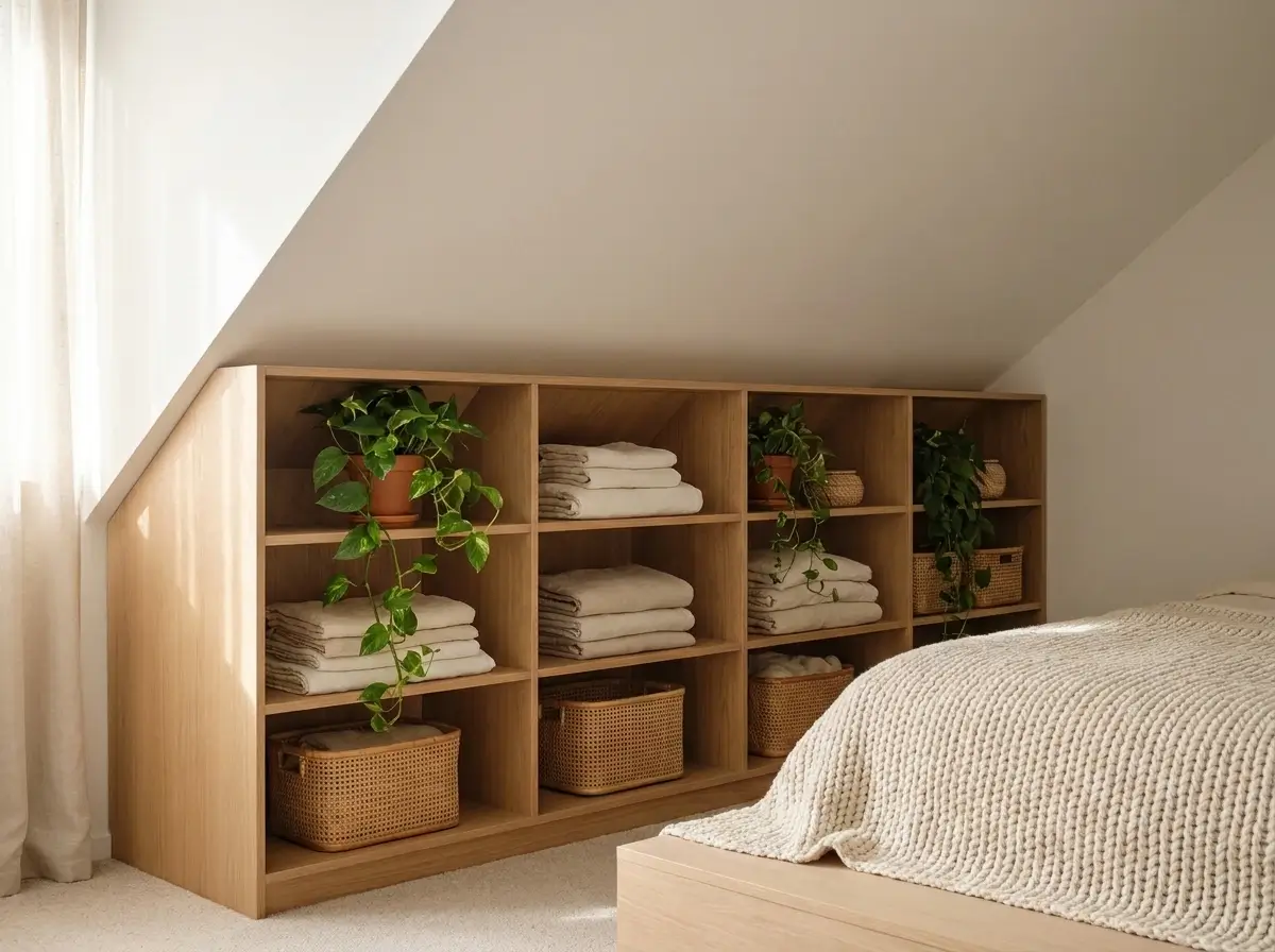 A beautifully organized small attic bedroom sloping ceilings featuring freestanding wooden shelves, woven floor baskets, and cozy bedding bathed in soft natural light.