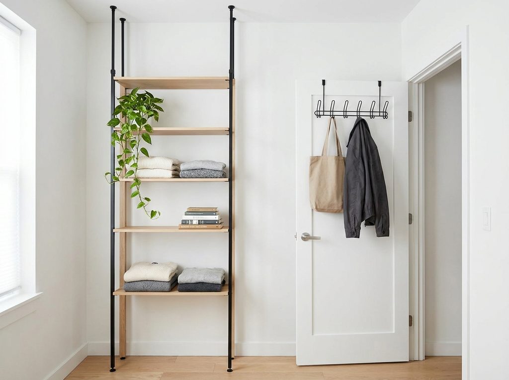 A pristine rental bedroom showcasing clever rental-friendly small apartment storage ideas, including a floor-to-ceiling tension pole shelf and an over-the-door hook rack that require no drilling.