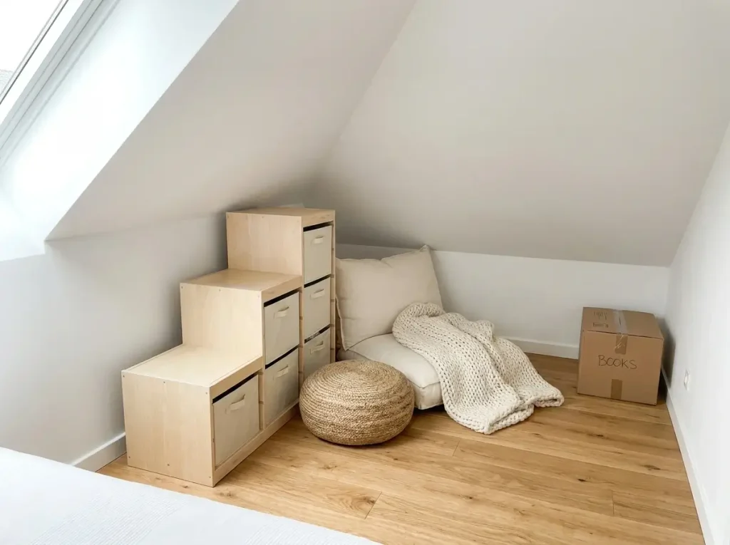 A collection of lightweight fabric bins on modular shelves and a cozy woven pouf tucked perfectly beneath small attic bedroom sloping ceilings to create a portable, renter-friendly space.